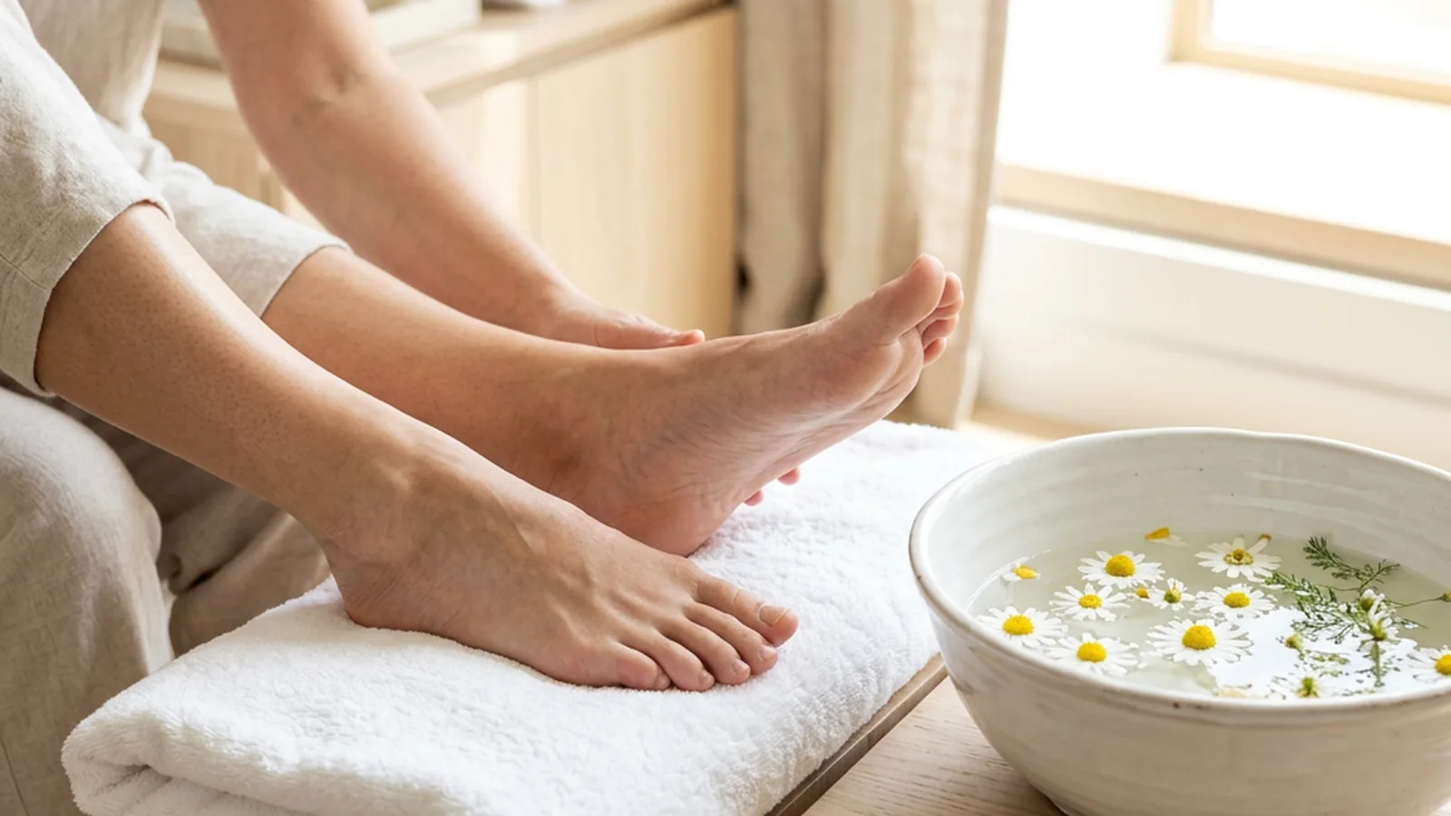 Reflexology pressure being applied to the sole of a towel-wrapped foot