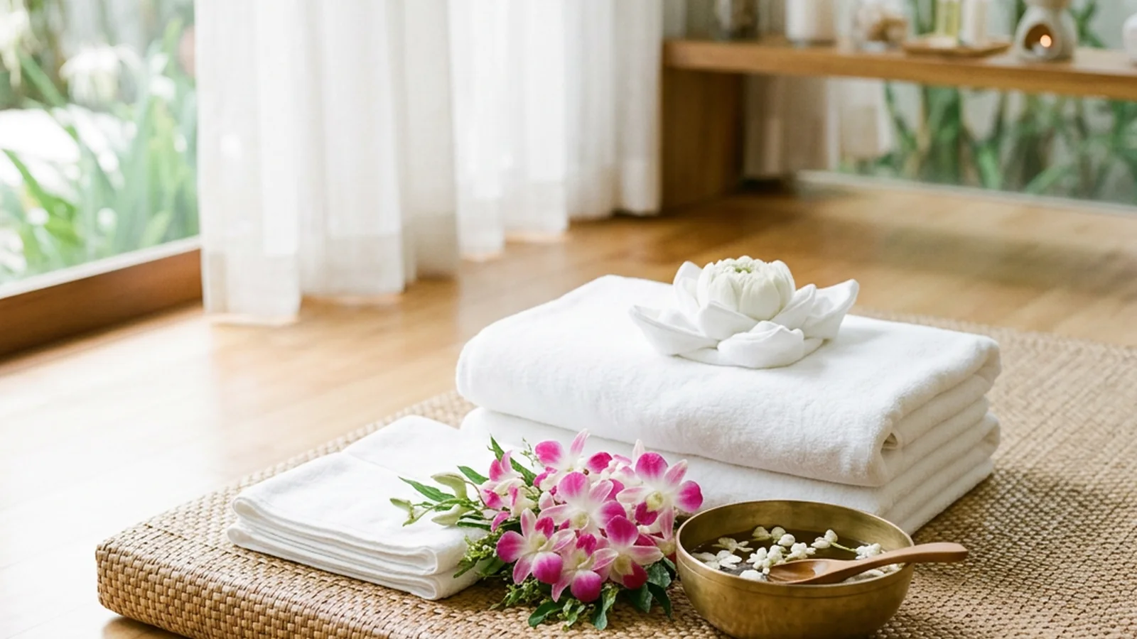 Folded fresh linen and rolled towels stacked on a wooden shelf in a treatment room