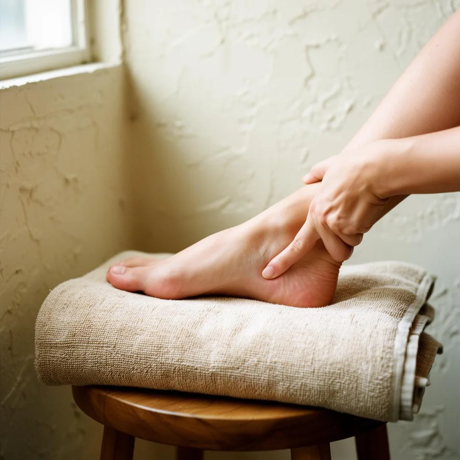 Foot reflexology being performed on a towel-wrapped foot